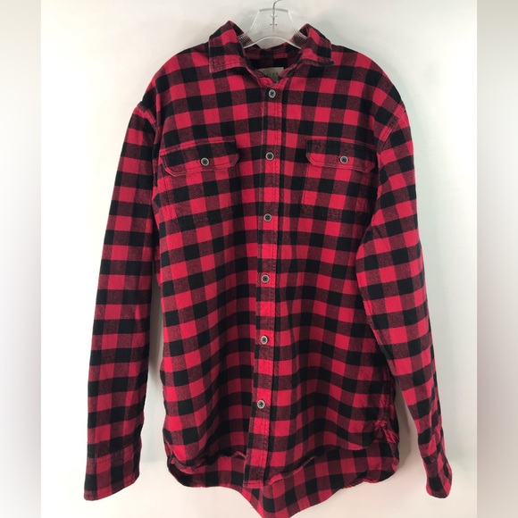 JACHS Red Black Plaid 100% Heavy Cotton Flannel Button Front Shirt - Picture 3 of 13